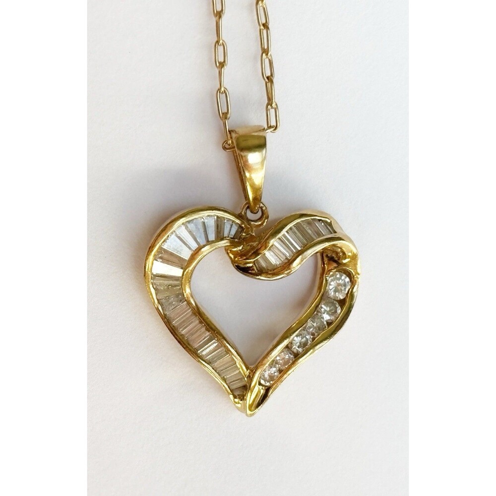14K Yellow Gold Baguette & Round Diamond Twisted Heart Charm Pendant
